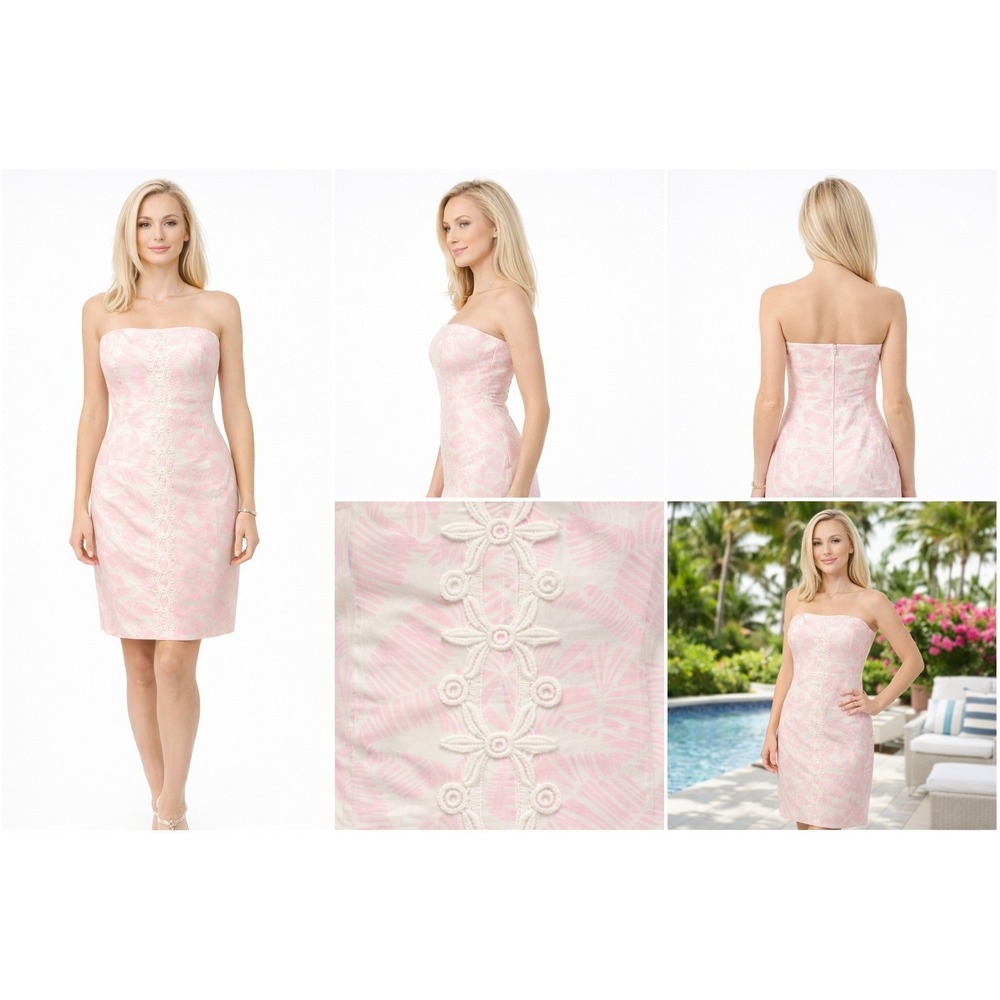 Lilly Pulitzer Strapless‎ Dress Women XS-S Pink White Good Palm Leaf Eyelet Trim